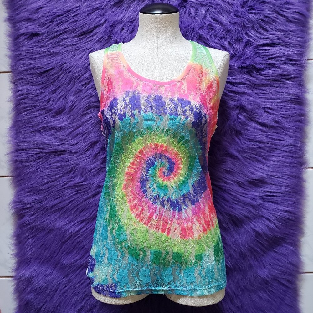 No Boundaries lace swirl neon rainbow tie tank